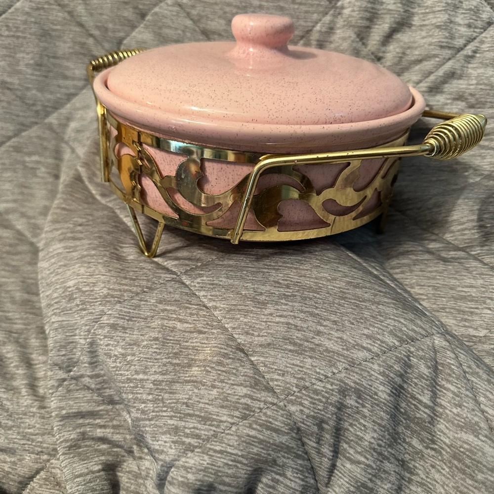 Bauer Pink Ceramic Casserole Dish with Gold Holder